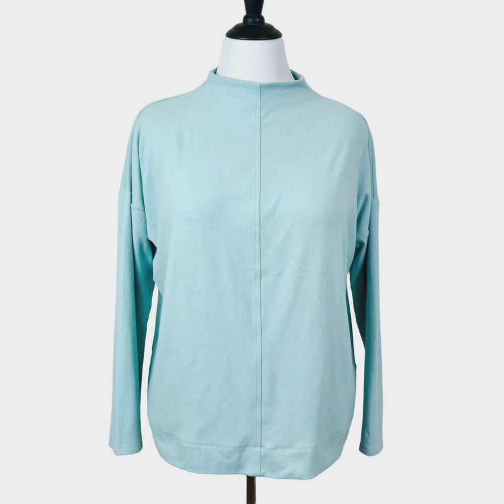 J Jill Size M Mock Neck Top Drop Shoulder Stretch Fleece Light Blue - Picture 2 of 9